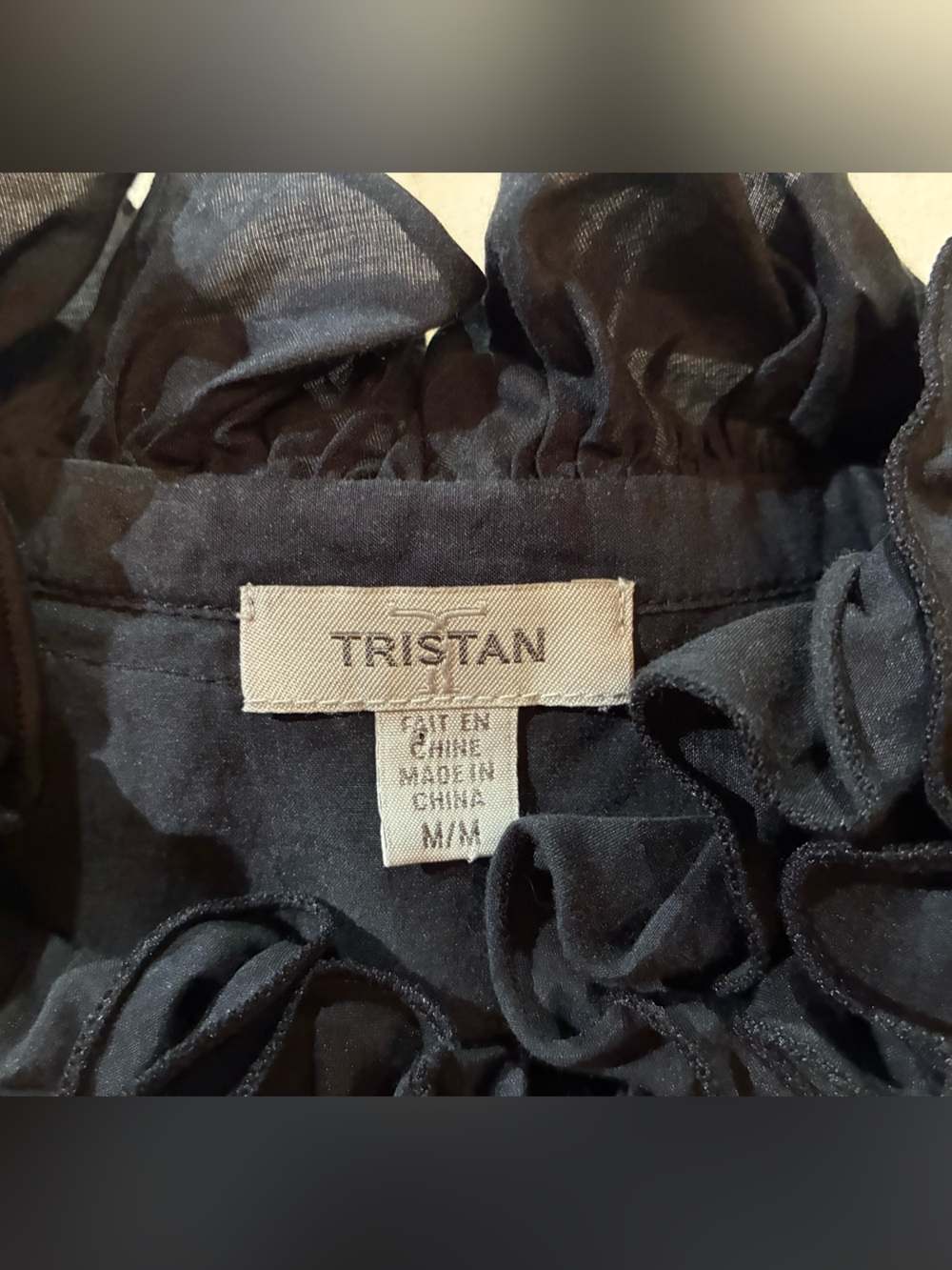 Tristan Cotton Silk Black Sleeveless Ruffle Neck Button Blouse M - Picture 8 of 9